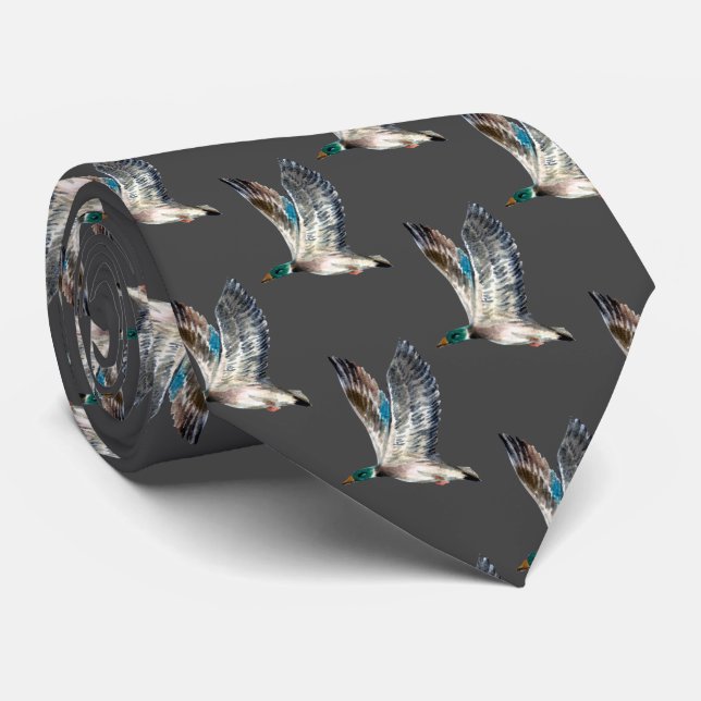 Mallard Ducks On Gray Neck Tie (Rolled)