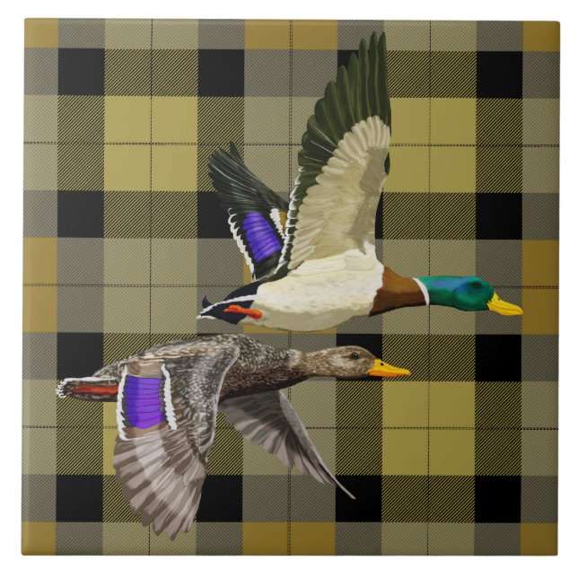 Mallard Ducks On Plaid Ceramic Tile (Front)