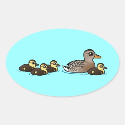 Mallard &amp; four ducklings oval sticker