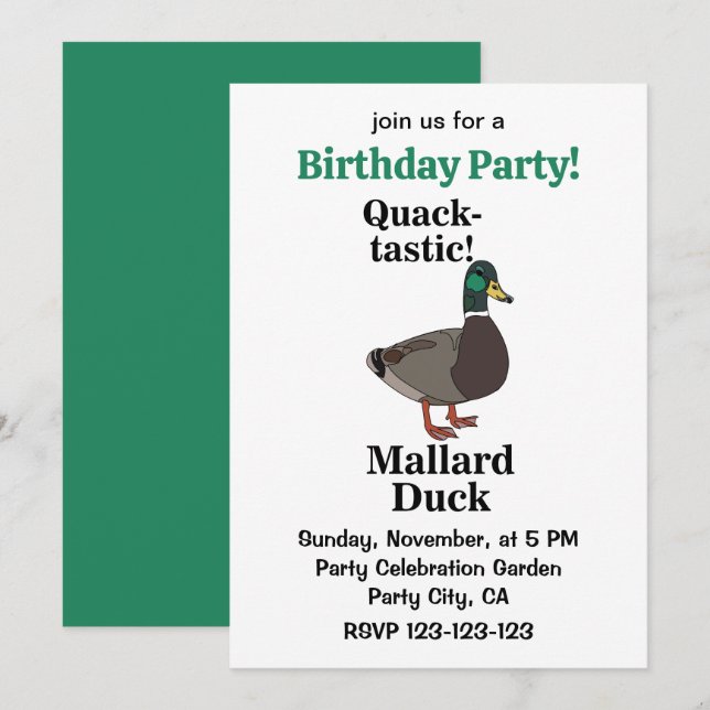 Mallard Quack-Tastic Duck Birthday Party Invitation (Front/Back)