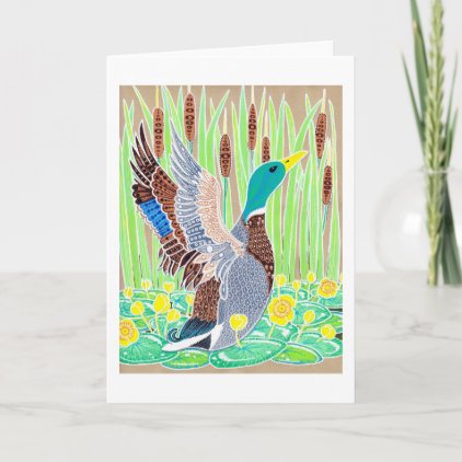 Mallard stretching his wings on lily pond card