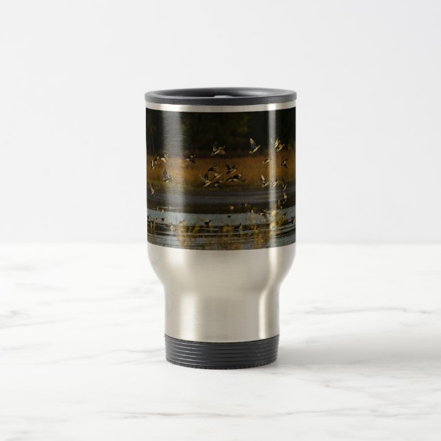 Mallards rising from water travel mug (Center)