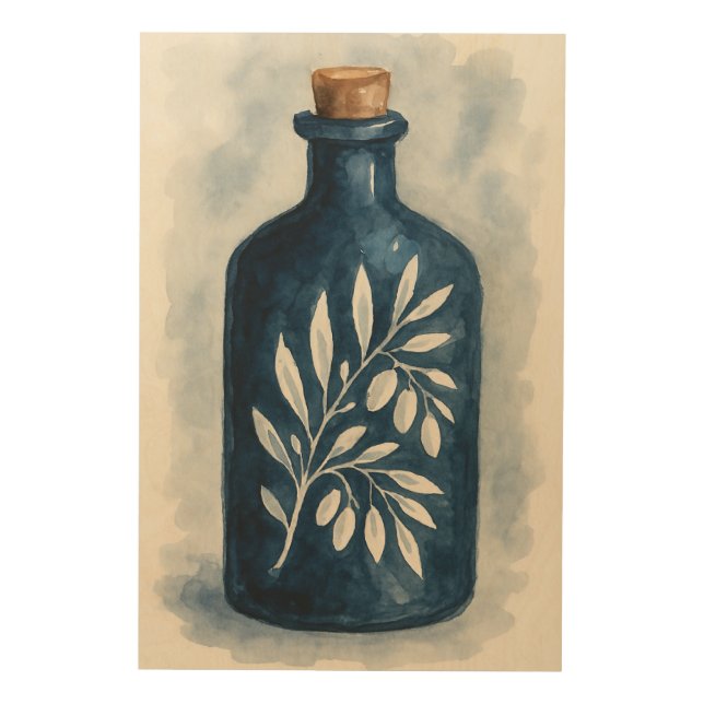  Mallorca Blue Olive Oil Bottle Watercolour  Wood Wall Art (Front)