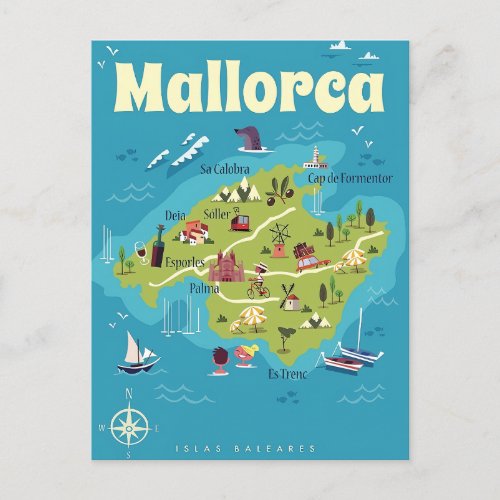 Mallorca  Illustrated Map Postcard