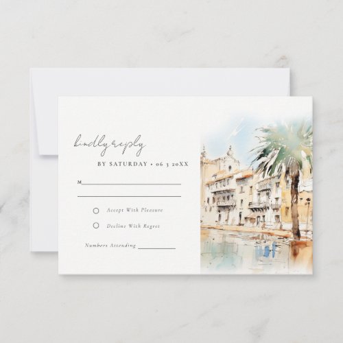 Mallorca Spain Watercolor Landscape Wedding RSVP Card