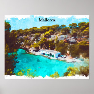 Mallorca Spain Watercolor Panoramic View Scenery Poster