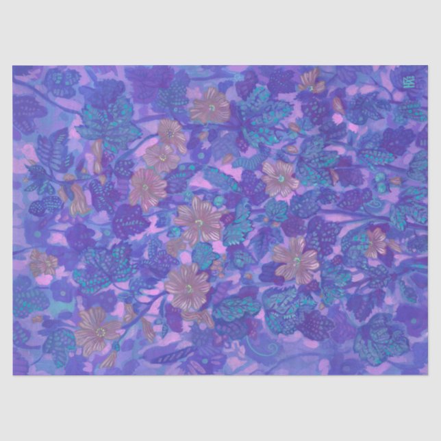 Mallow Bloom, Malva Flowers Floral Painting Purpl Tissue Paper (Front)