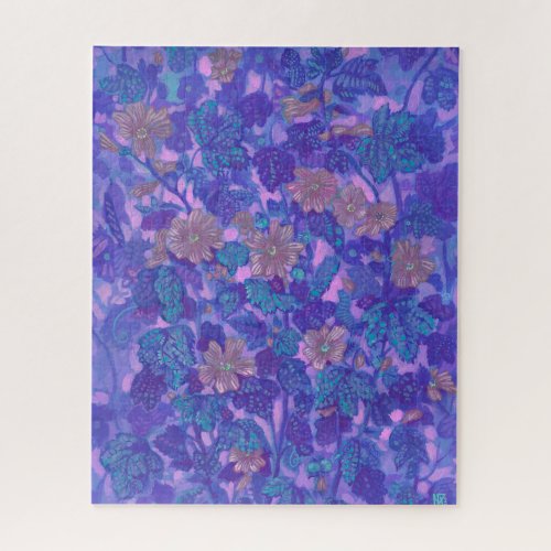 Mallow Bloom Malva Flowers Floral Painting Purple Jigsaw Puzzle