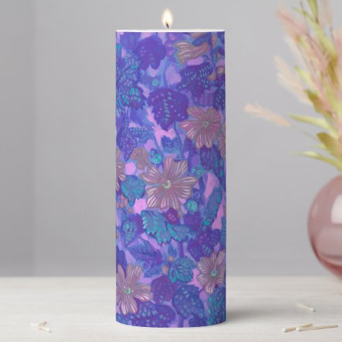 Mallow Bloom Malva Flowers Floral Painting Purple Pillar Candle