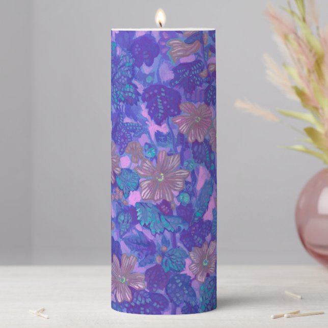 Mallow Bloom, Malva Flowers Floral Painting Purple Pillar Candle (In Situ)