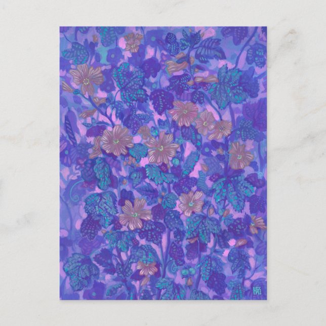 Mallow Bloom, Malva Flowers Floral Painting Purple Postcard (Front)