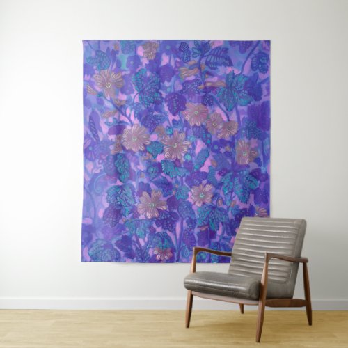 Mallow Bloom Malva Flowers Floral Painting Purple Tapestry