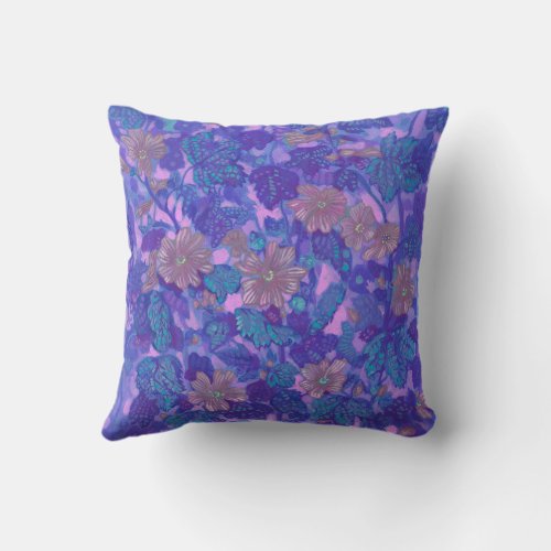 Mallow Bloom Malva Flowers Floral Painting Purple Throw Pillow