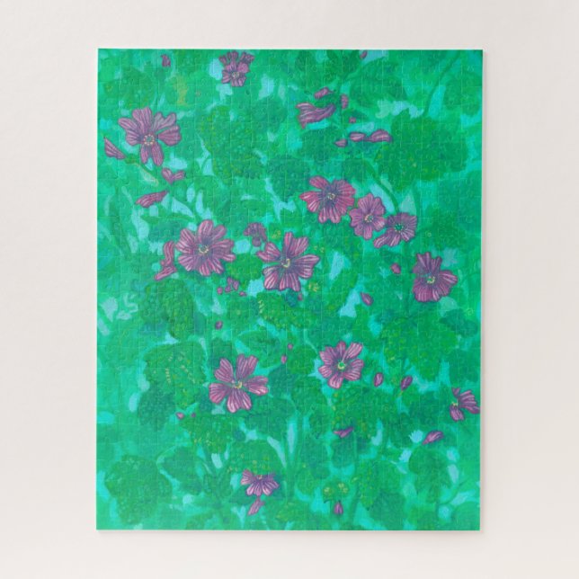 Mallow Bloom, Malva Flowers Summer Floral Painting Jigsaw Puzzle (Vertical)