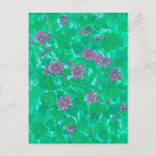 Mallow Bloom Malva Flowers Summer Floral Painting Postcard