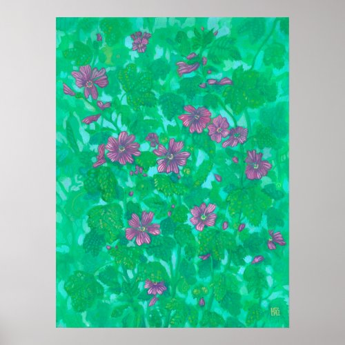 Mallow Bloom Malva Flowers Summer Floral Painting Poster