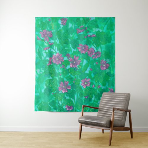 Mallow Bloom Malva Flowers Summer Floral Painting Tapestry