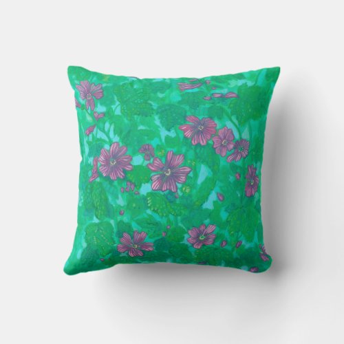 Mallow Bloom Malva Flowers Summer Floral Painting Throw Pillow