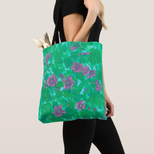 Mallow Bloom Malva Flowers Summer Floral Painting Tote Bag