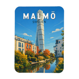 Malmo Sweden Illustration Travel Art Vintage Magnet