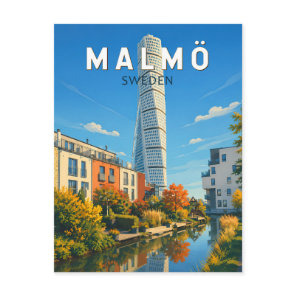 Malmo Sweden Illustration Travel Art Vintage Postcard