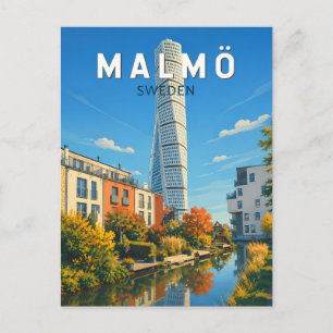 Malmo Sweden Illustration Travel Art Vintage Postcard