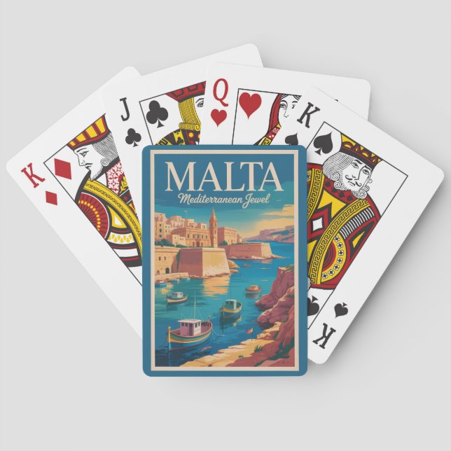 Malta Coast Illustration Travel Art Vintage Poker Cards (Back)