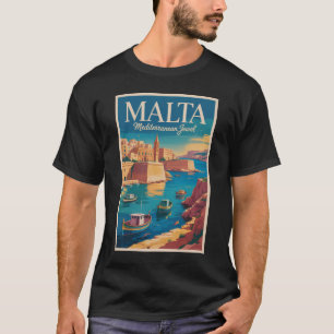 Malta Coast Illustration Travel Art Vintage T-Shirt