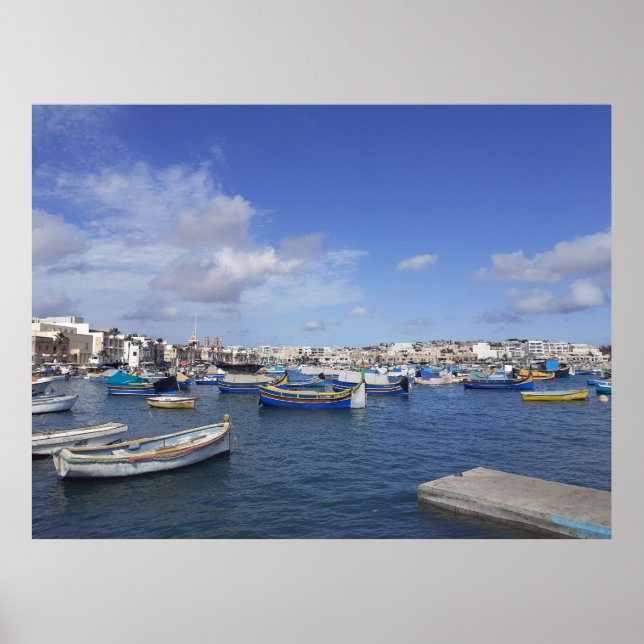 Malta Traditional Fishing Boats Marsaxlokk Harbour Poster (Front)