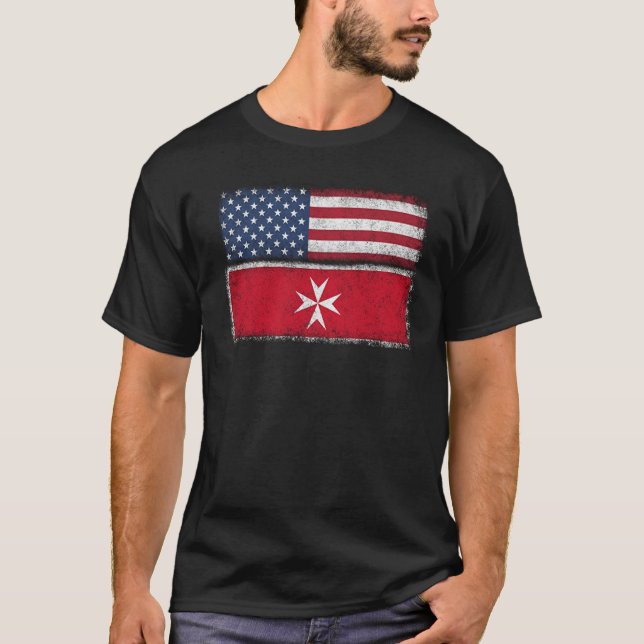 Maltese American Flag T-shirt Malta Heritage Cross (Front)