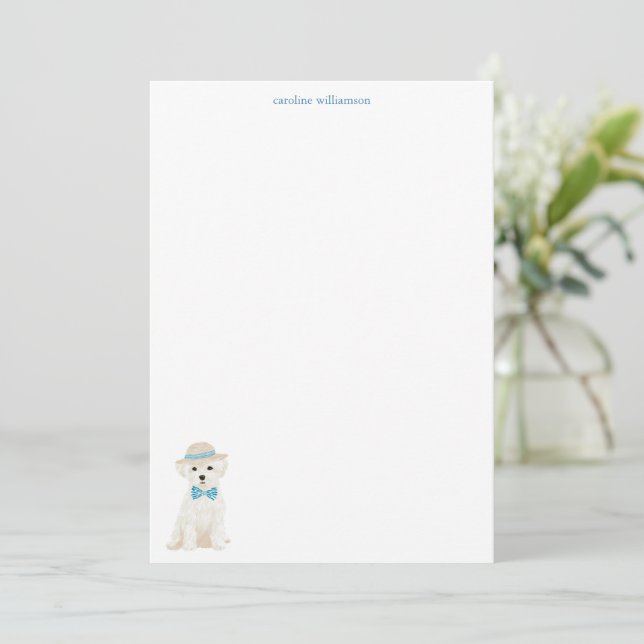 Maltese Bichon Dog Bow Personalized Stationery Note Card (Standing Front)