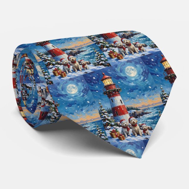 Maltese Christmas Lighthouse Holiday Neck Tie (Rolled)