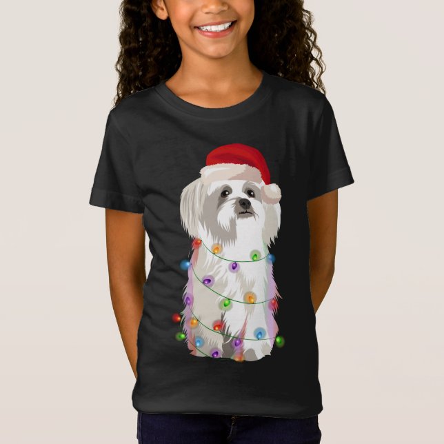 Maltese Christmas Lights Xmas Dog Lover T-Shirt (Front)