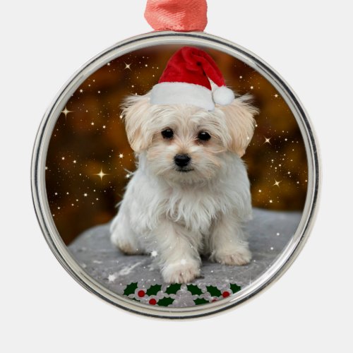 Maltese Christmas Puppy Metal Ornament