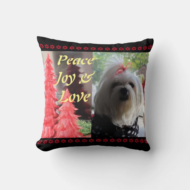 Maltese Christmas Red Throw Pillow (Front)