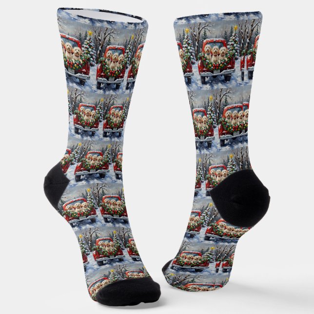 Maltese Christmas Red Truck Holiday Socks (Angled)