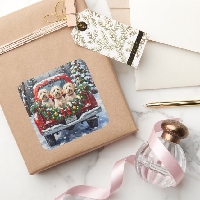 Maltese Christmas Red Truck Holiday Square Sticker (Gifting)