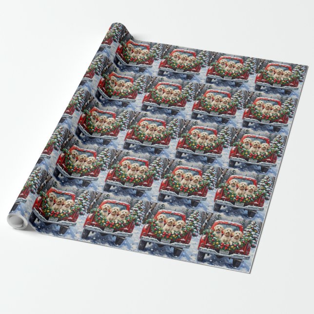 Maltese Christmas Red Truck Holiday Wrapping Paper (Unrolled)