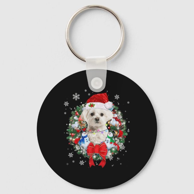 Maltese Christmas Wreath Decoration Xmas Pajamas  Keychain (Front)
