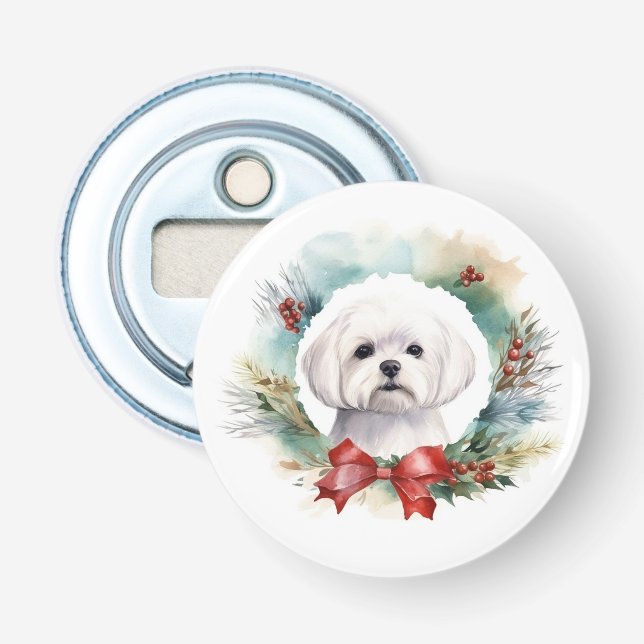 Maltese Christmas Wreath Festive Pup  Bottle Opener (Front)