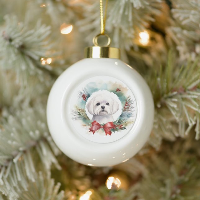 Maltese Christmas Wreath Festive Pup  Ceramic Ball Christmas Ornament (Tree)