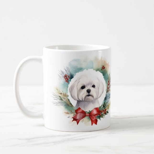 Maltese Christmas Wreath Festive Pup  Coffee Mug (Left)