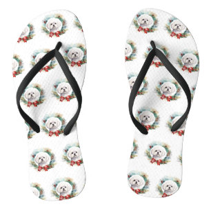 Maltese Christmas Wreath Festive Pup Flip Flops