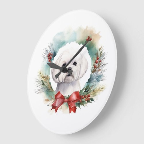 Maltese Christmas Wreath Festive Pup  Large Clock