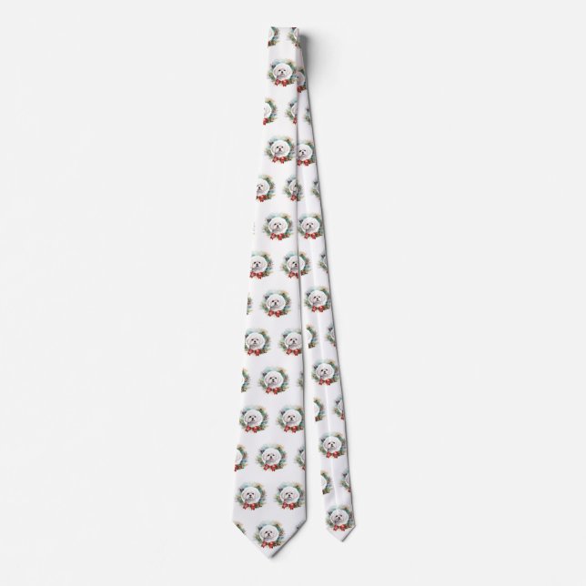 Maltese Christmas Wreath Festive Pup  Neck Tie (Front)
