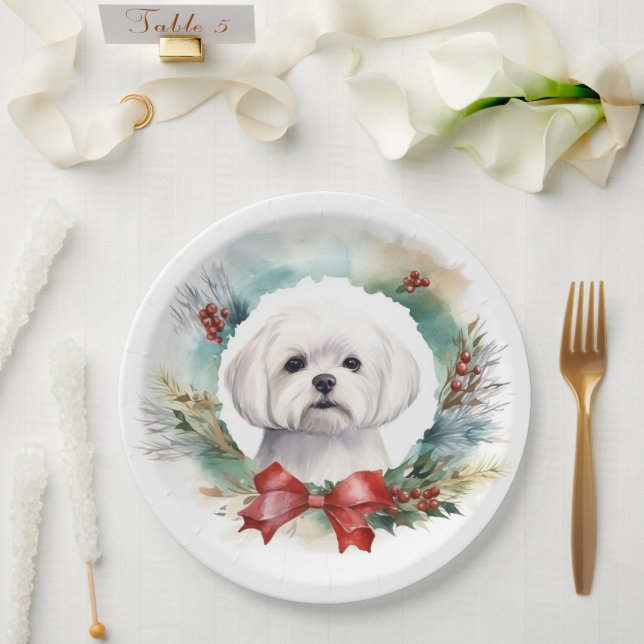Maltese Christmas Wreath Festive Pup  Paper Plates (Wedding)