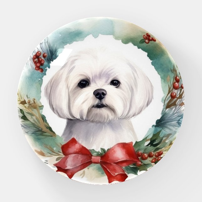 Maltese Christmas Wreath Festive Pup  Paperweight (Front)