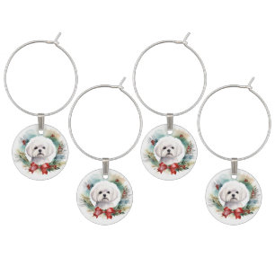 Maltese Christmas Wreath Festive Pup Wine Charm