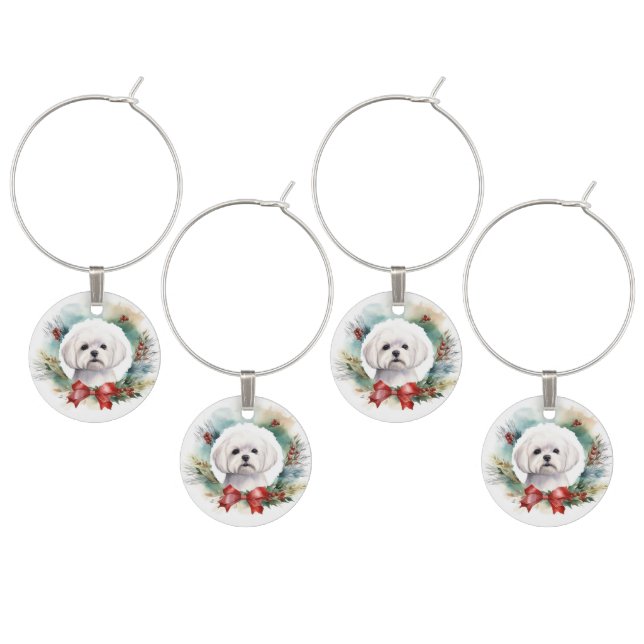 Maltese Christmas Wreath Festive Pup  Wine Charm (Staggered)