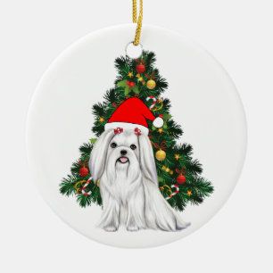 Maltese Christmas, Xmas Maltese Dog with Santa hat Ceramic Ornament